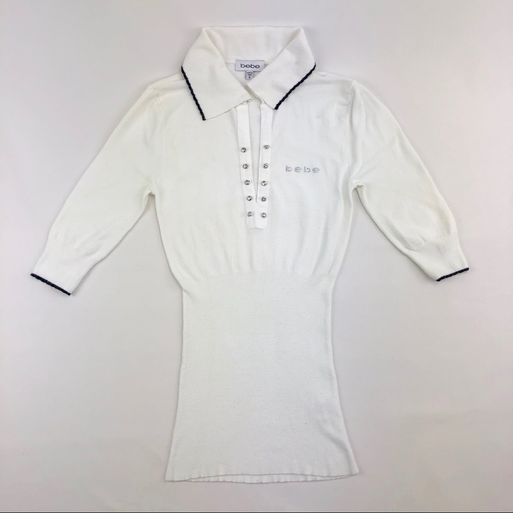 Bebe Logo Fitted Knit Polo Shirt